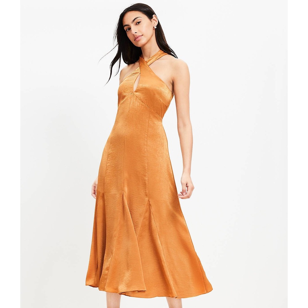 LOFT Womens Bronze Halter Midi Dress Sleeveless Party Cocktail Size 6 Satin Gold